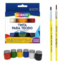 Kit Pintura Tecido Acrilex 6 Cores 2 Pincéis Artísticos