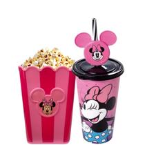 Kit Pipoca Minnie Balde Para Pipoca e Copo Para Refrigerante Suco Água 500ml Rosa Plasútil