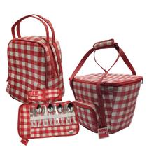 Kit Piquenique Cesta Térmica Bolsa Garrafas talheres Xadrez Vermelho - Happy bee