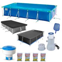 Kit Piscina 10.000 L + Forro + Capa + Filtro 110v + Cloro + Peneira + Flutuador