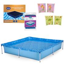 Kit Piscina 1500 Litros + Capa e Forro + Boia de Braco Verde e Rosa