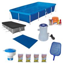 Kit Piscina 3000 L Capa Forro Filtro 220v Peneira Avaliador Ph/Cloro Flutuador Cloro