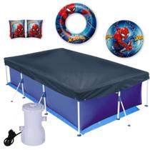 Kit Piscina 3700 L Capa e Forro e Bomba 110v + Boias e Bola Homem Aranha