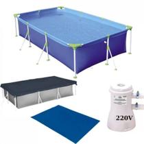 Kit Piscina 3700 L Retangular Premium + Capa + Forro + Filtro 220v