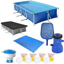 Kit Piscina 5000 Lts de Armacao + Capa e Forro + Bomba 220v 3028l/H + Cloro + Peneira + Flutuador