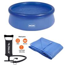 Kit Piscina Borda Inflável PVC 3400 Litros Com Kit Reparo e Bomba de Ar para Inflar e Lona 4x4 Azul Polietileno