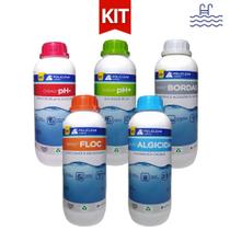 Kit Piscina Clarificante Algicida Elevador Redutor Ph Limpa Borda 1 Litro Policlean