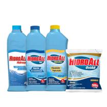 Kit Piscina Com Limpa Bordas Algecida Manutenção Clarificante Floculante Oxiall Hidroall