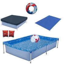 Kit Piscina de Armacao em Ferro 1000 Litros + Capa + Forro + Bola e Boias Homem-aranha Mor