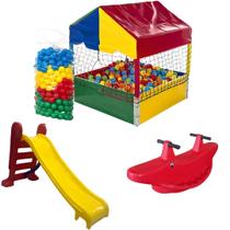 Kit Piscina de Bolinhas 1,00m 500 Bolinhas Escorregador Médio Gangorra 2 Lugar