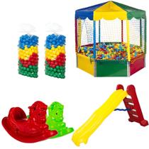 Kit Piscina de Bolinhas 2,00m Oitavada c/ 1000 Bolinhas Escorregador Grande 2 Gangorra 1 Lugar