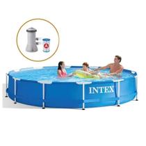 Kit Piscina Estrutural 6.503 Litros Armação Azul + Bomba Filtrante Intex