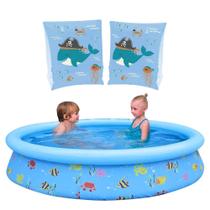 Kit Piscina Infantil 1000 L Inflavel Estampada + Boia de Braco Azul