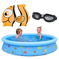 Kit Piscina Infantil 1000 L + Touca de Peixinho + Oculos de Natacao Preto Ajustavel Bel