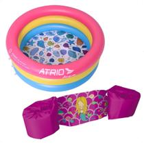 Kit Piscina Inflável Circular Infantil 88 Litros até 20Kg + Colete Boia Braço Sereia - Atrio