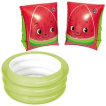 Kit Piscina Inflavel Redonda 80Lts + Bóia de Braço Morango
