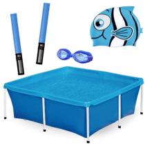 Kit Piscina Mor Estruturada 2000 Litros + Oculos de Natacao e Touca Infantil Azul + 2 Espaguetes Macarrao