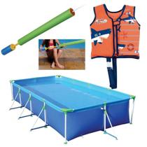 Kit Piscina Premium 6200 Litros + Colete P/M Laranja + Brinquedo Lanca Agua Mor