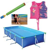 Kit Piscina Premium 6200 Litros + Colete P/M Rosa + Brinquedo Lanca Agua Mor