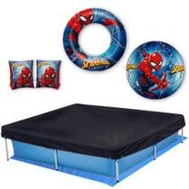 Kit Piscina Quadrada 1500 Litros + Capa e Forro Mor + Bola e Boias Homem-aranha