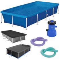 Kit Piscina Retangular 3000 L + Capa e Forro para Protecao + Filtro 220v 3028 L/Hr + 2 Boias Espaguete