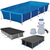 Kit Piscina Retangular 3000 L com Capa, Forro e Filtro 220v 2.200 L/Hr Mor