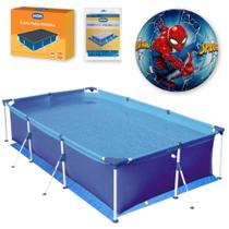 Kit Piscina Retangular 3700 L com Capa e Forro Mor + Bola Inflavel Homem Aranha