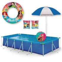 Kit Piscina Retangular 7.600 L Mor + Guarda-sol + Boia Inflavel + Boia de Braco Princesas + Bola Inflavel