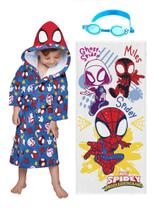 Kit Piscina (Roupão Aveludado Capuz Spidey + Toalha Felpuda + Óculos Natação Star)