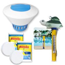 Kit Piscina Termometro de Tartaruga + Clorador Flutuante Grande + 2 Pastilhas de Cloro 5 em 1