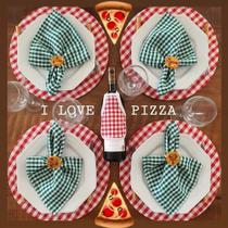 Kit Pizza 10 Capas de Sousplat Xadrez Vermelho 10 Guardanapos xadrez verde 10 Anéis de Pizza 10 Bases MDF 35cm - Criarte Opções