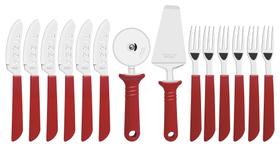 Kit Pizza Tramontina Inox Cabos Vermelho 14 Peças