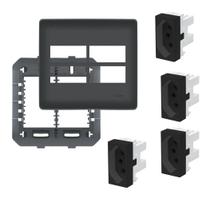 Kit Placa 4x4 Preta + 4 Módulos Tomadas 20A Habitat Black- Fame