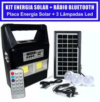 Kit Placa Solar Rádio FM USB Bluetooth 3 Lampadas Led LanternaPescaria Camping Acampamento