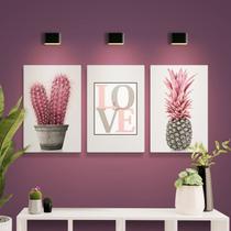 Kit Placas Decorativas 3 Peças 19,0 X 28,5 cm - Love Abacaxi Cactos Rosa