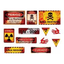 Kit Placas Perigo Decoração Halloween Horripilante 12 Und