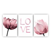 Kit Placas Quadros 3 Pçs 60X40 Floral Flor Love Rosa