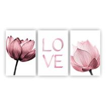 Kit Placas Quadros 3 Pçs 60X40 Floral Flor Love Rosa Kit Placas Quadros 3 Pçs 60X40 Floral Flor Love Rosa