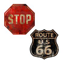 Kit Placas Quadros Decoração Stop e Route 66 Trânsito Rota Kit Placas Quadros Decoração Stop e Route 66 Trânsito Rota