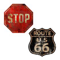 Kit Placas Quadros Decoração Stop E Route 66 Trânsito Rota