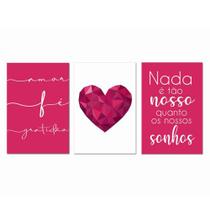 Kit Placas Quadros Decorativos 3 pçs MDF 20x30 Coração Rosa