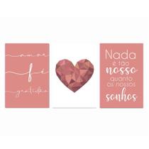 Kit Placas Quadros Decorativos 3 pçs MDF 20x30 Coração Rose