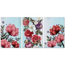 Kit Placas Quadros Decorativos 3 Pçs Mdf 20X30 Floridas Titulo Rosas Sobre Azul