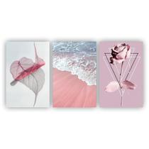 Kit Placas Quadros Sala 3 Pçs 80X60 Floral Praia Rosa