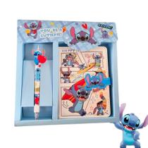 Kit Planner e Caneta Personagem Disney Stitch Com Fecho Magnético Folhas Decoradas Infantil Lembrancinha Fofo