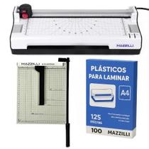 Kit Plastificadora Refiladora 3x1 A4 + Guilhotina Cortadora Com Trava + 100 Plástico Alto Brilho P/ Plastificar Kp10