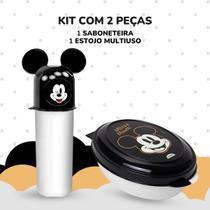 Kit Plasútil Saboneteira Mickey + Estojo Multiuso Porta Escova Transporte Prático Itens Variados