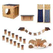 Kit Playground 18 PeçasAnimais Estimação Gato Rede Arranhador Nicho Brinquedo Ponte Degraus Prateleira Parede Mdf
