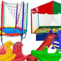 KIT Playground Brinquedo Área de Lazer Infantil Cama Elástica 2,30M + Escorregador Médio + Cavalinho + Nhoca + Jacaré + Piscina 1,5M (1000 bolinhas) - VALENTINA BRINQUEDOS