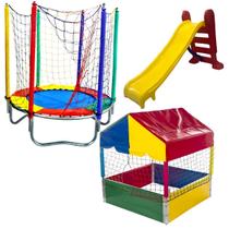 Kit Playground Cama Elástica 1,40m Piscina de Bolinhas Quadrada 1,00m Escorregador Médio